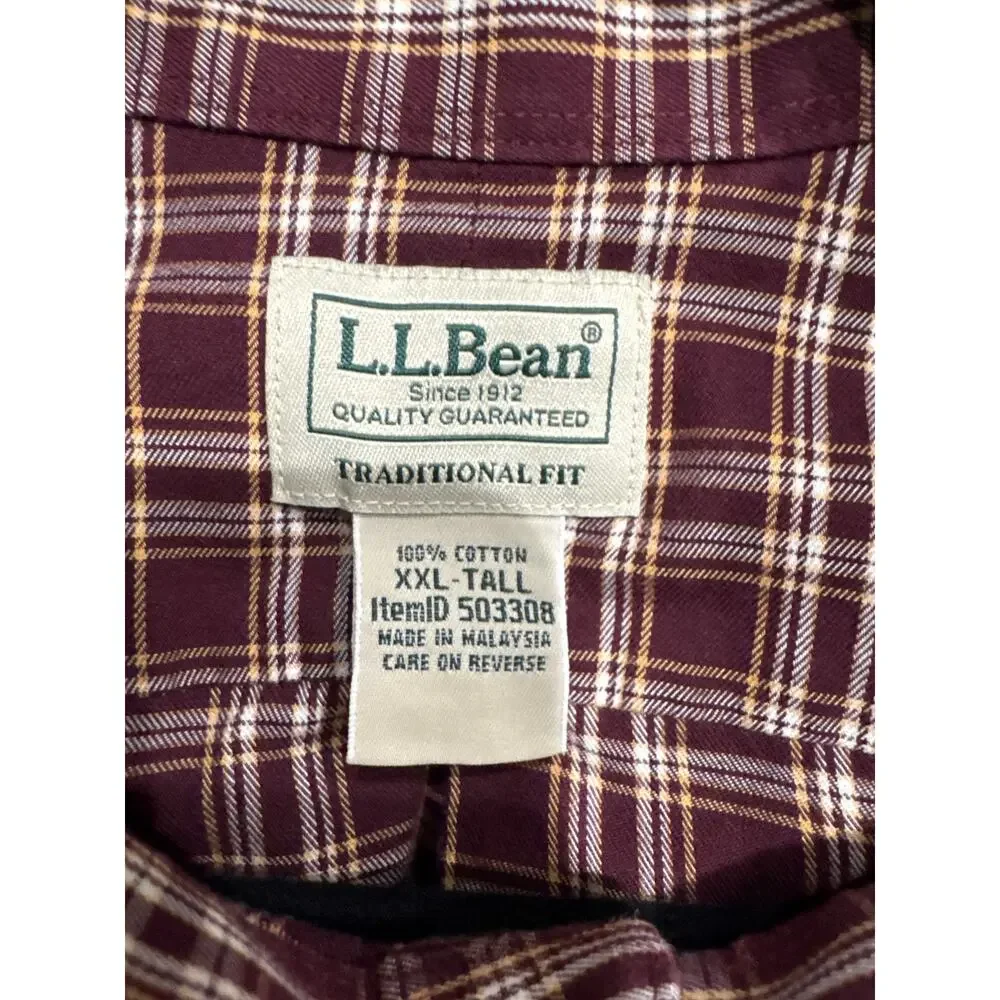 L.L. Bean Men's XXL Tall Burgundy Plaid Cotton Shirt, Traditional Fit